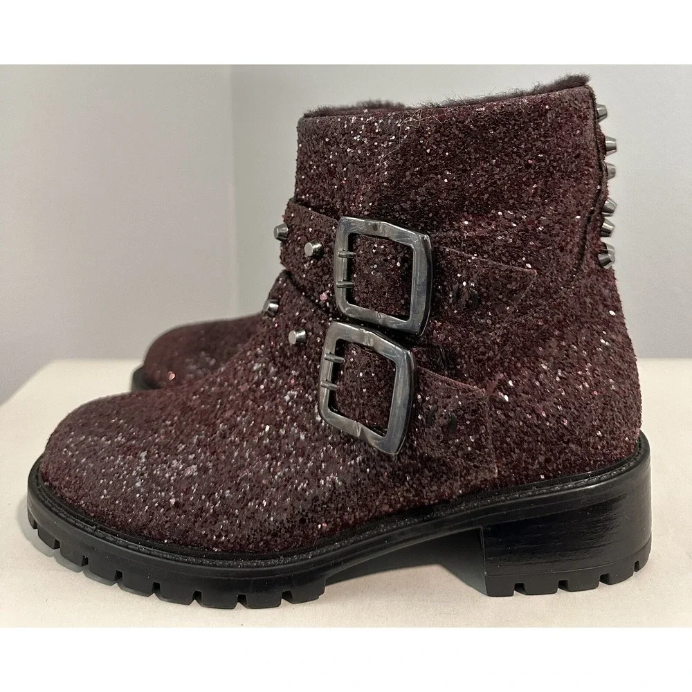 Ross & Snow Cabernet Glitter Stefana Weatherproof Womens Booties Shearling Sz 6